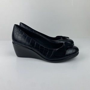 Vionic Lena Black Croc Pattern Leather Slip On Wedged Heels Sz 10 Wide Orthaheel